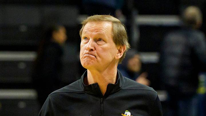 Oregon head coach Dana Altman looks toward the scoreboard as he walks off the court as the Oregon Ducks host the Minnesota Golden Gophers on Feb. 17, 2026, at Matthew Knight Arena in Eugene, Oregon. Oregon head coach Dana Altman looks toward the scoreboard as he walks off the court as the Oregon Ducks host the Minnesota Golden Gophers on Feb. 17, 2026, at Matthew Knight Arena in Eugene, Oregon.