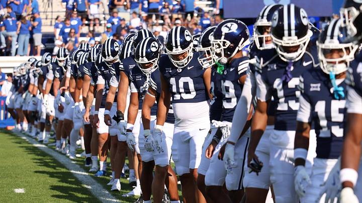 Aug 30, 2025; Provo, Utah, USA; The Brigham Young Cougars line up before the game against the Portland State Vikings at LaVell Edwards Stadium. Mandatory Credit: Rob Gray-Imagn Images