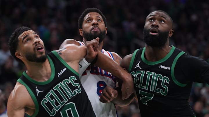 Apr 28, 2026; Boston, Massachusetts, USA; Boston Celtics forward Jayson Tatum (0) and guard Jaylen Brown (7) look for the rebound against Philadelphia 76ers forward Paul George (8) in the second quarter during game five of the first round of the 2026 NBA Playoffs at TD Garden. Mandatory Credit: David Butler II-Imagn Images