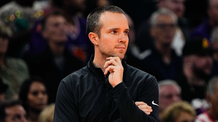 Oct 31, 2025; Phoenix, Arizona, USA; Phoenix Suns head coach Jordan Ott in the first half between the Phoenix Suns and the Utah Jazz at Mortgage Matchup Center. Mandatory Credit: Arianna Grainey-Imagn Images