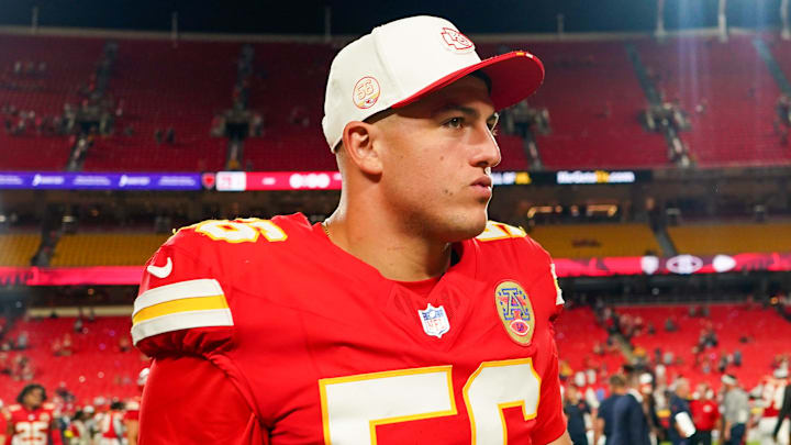 Aug 22, 2025; Kansas City, Missouri, USA; Kansas City Chiefs defensive end George Karlaftis (56) leaves the field after the game against the Chicago Bears at GEHA Field at Arrowhead Stadium. Mandatory Credit: Denny Medley-Imagn Images