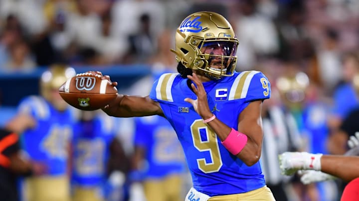 Aug 30, 2025; Pasadena, California, USA; UCLA Bruins quarterback Nico Iamaleava (9) throws against the against the Utah Utes during the first half at the Rose Bowl. Mandatory Credit: Gary A. Vasquez-Imagn Images Aug 30, 2025; Pasadena, California, USA; UCLA Bruins quarterback Nico Iamaleava (9) throws against the against the Utah Utes during the first half at the Rose Bowl. Mandatory Credit: Gary A. Vasquez-Imagn Images
