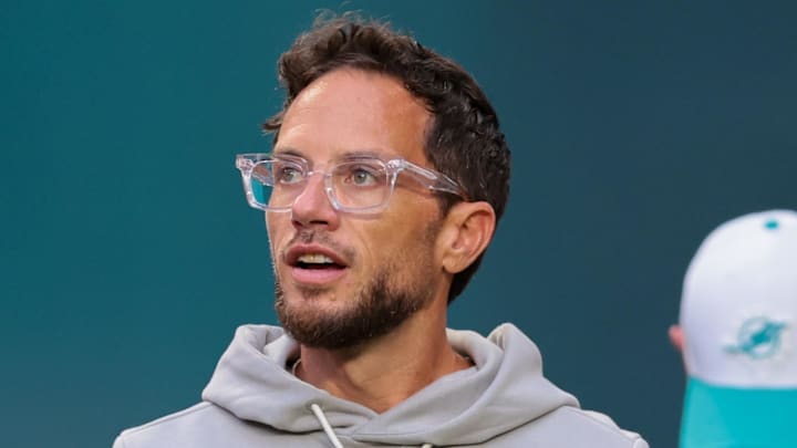 Aug 23, 2025; Miami Gardens, Florida, USA; Miami Dolphins head coach Mike McDaniel enters the field before the game against the Jacksonville Jaguars at Hard Rock Stadium. Mandatory Credit: Sam Navarro-Imagn Images
