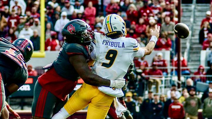 Oklahoma defensive tackle David Stone hits Missouri quarterback Beau Pribula. Oklahoma defensive tackle David Stone hits Missouri quarterback Beau Pribula.