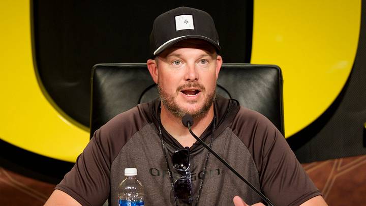 Oregon head coach Dan Lanning speaks during a press conference on Aug. 18, 2026, at the Hatfield-Dowlin Complex in Eugene, Oregon.