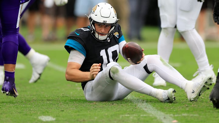 Jacksonville Jaguars quarterback Mac Jones (10) is sacked during the third quarter of an NFL football matchup Sunday, Nov. 10, 2024 at Everbank Stadium in Jacksonville, Fla. The Vikings defeated the Jaguars 12-7. [Corey Perrine/Florida Times-Union]