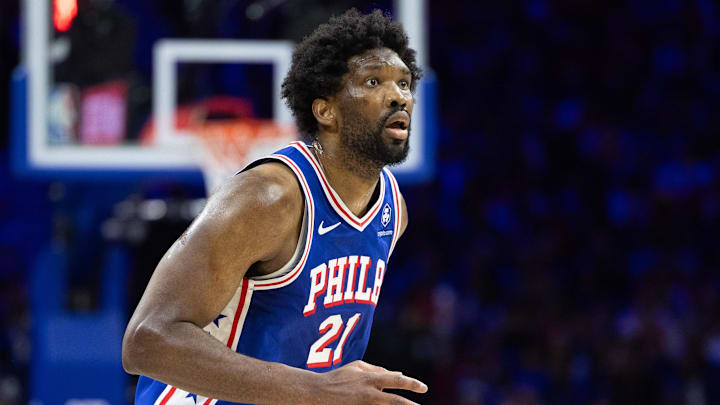 Apr 25, 2024; Philadelphia, Pennsylvania, USA; Philadelphia 76ers center Joel Embiid (21) dribbles