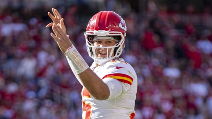 October 20, 2024; Santa Clara, California, USA; Kansas City Chiefs quarterback Patrick Mahomes (15) celebrates a touchdown against the San Francisco 49ers during the second quarter at Levi's Stadium. Mandatory Credit: Kyle Terada-Imagn Images