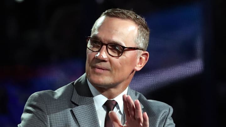 Feb 10, 2018; Tampa, FL, USA; Tampa Bay Lightning general manager Steve Yzerman waves as Former Tampa Bay Lightning center Vincent Lecavalier (4) (not pictured) is honored before the game as he number is retired at Amalie Arena. Mandatory Credit: Kim Klement-Imagn Images