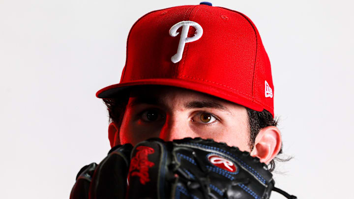 Feb 23, 2023; Clearwater, FL, USA; Philadelphia Phillies pitcher Andrew Painter (76) during photo day at BayCare Ballpark. 