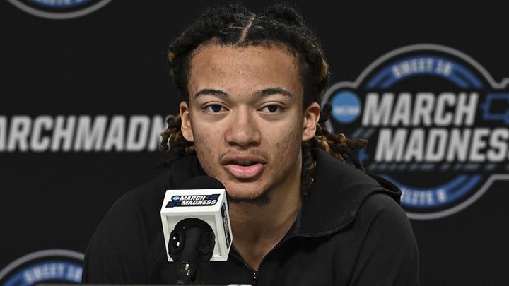 Mar 25, 2026; Houston, TX, USA; Houston Cougars guard Kingston Flemings speaks during a practice session press conference ahead of the south regional of the men's 2026 NCAA Tournament at Toyota Center. Mandatory Credit: Maria Lysaker-Imagn Images Mar 25, 2026; Houston, TX, USA; Houston Cougars guard Kingston Flemings speaks during a practice session press conference ahead of the south regional of the men's 2026 NCAA Tournament at Toyota Center. Mandatory Credit: Maria Lysaker-Imagn Images
