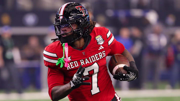 Texas Tech's Terrance Carter Jr. runs after a catch against BYU during the Big 12 Conference championship football game, Saturday, Nov. 6, 2025, at AT&T Stadium in Arlington.