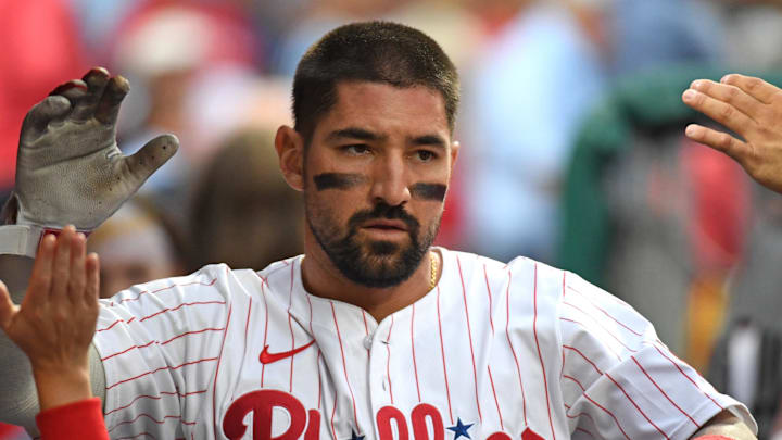Aug 18, 2025; Philadelphia, Pennsylvania, USA; Philadelphia Phillies outfielder Nick Castellanos (8) celebrates in the dugout after scoring a run during the second inning against the Seattle Mariners at Citizens Bank Park. Mandatory Credit: Eric Hartline-Imagn Images Aug 18, 2025; Philadelphia, Pennsylvania, USA; Philadelphia Phillies outfielder Nick Castellanos (8) celebrates in the dugout after scoring a run during the second inning against the Seattle Mariners at Citizens Bank Park. Mandatory Credit: Eric Hartline-Imagn Images