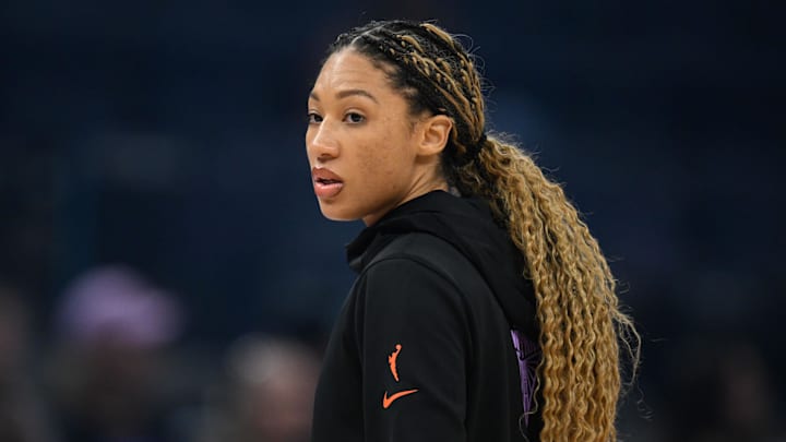 Jun 14, 2025; San Francisco, California, USA; Golden State Valkyries guard Aerial Powers (23) looks on during warm ups before their game against the Seattle Storm at Chase Center. Mandatory Credit: Eakin Howard-Imagn Images