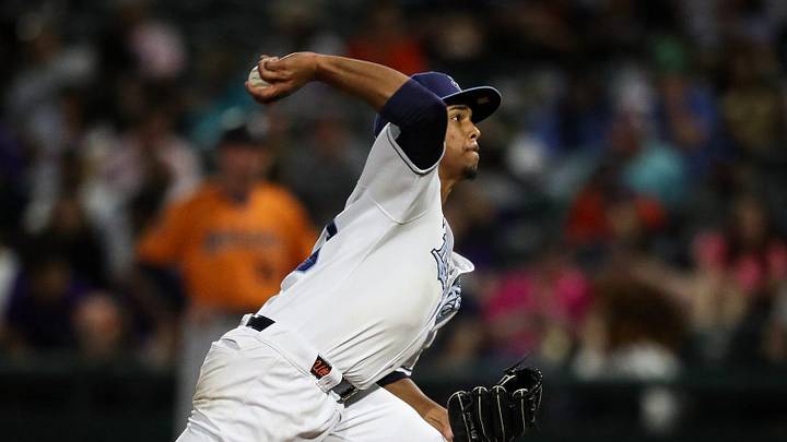 Hooks pitcher Miguel Ullola throws a pitch on Opening Night at Whataburger Field on Friday, April 5, 2024, in Corpus Christi, Texas.