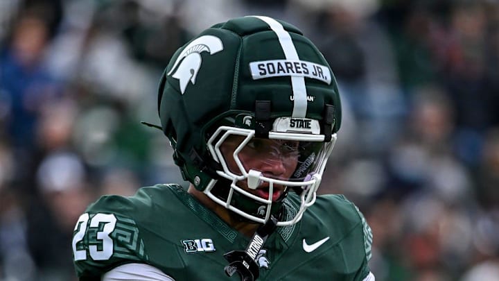 Michigan State's Kenny Soares Jr. prepares for a play during the football Spring Showcase on Saturday, April 18, 2026, at Spartan Stadium in East Lansing.