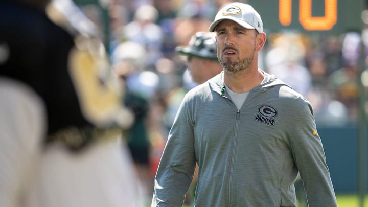 Green Bay Packers head coach Matt LaFleur looks at the sideline during training camp at Ray Nitschke Field.