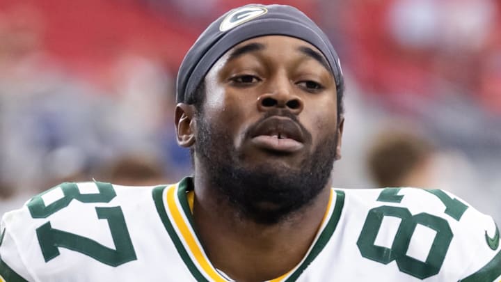 Oct 19, 2025; Glendale, Arizona, USA; Green Bay Packers wide receiver Romeo Doubs (87) against the Arizona Cardinals at State Farm Stadium. Mandatory Credit: Mark J. Rebilas-Imagn Images