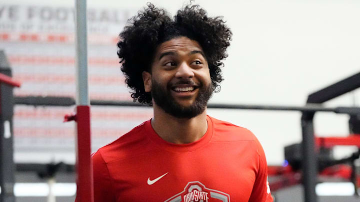 Ohio State Buckeyes defensive end JT Tuimoloau reachts to his high jump during the pro day for NFL scouts at the Woody Hayes Athletic Cente on March 26, 2025.