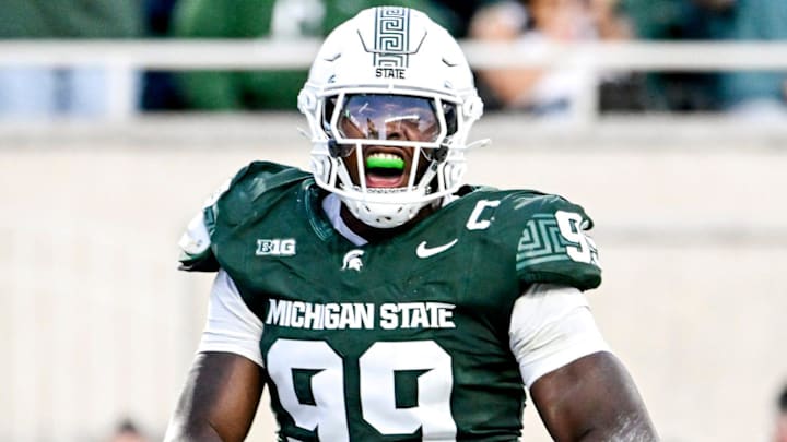 Michigan State's Quindarius Dunnigan celebrates a sack against Western Michigan during the second quarter on Friday, Aug. 29, 2025, in East Lansing.