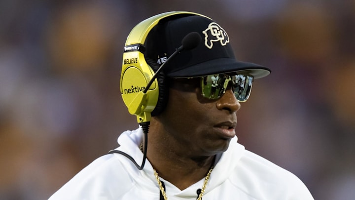 Oct 7, 2023; Tempe, Arizona, USA; Colorado Buffaloes head coach Deion Sanders against the Arizona State Sun Devils at Mountain America Stadium. Mandatory Credit: Mark J. Rebilas-Imagn Images
