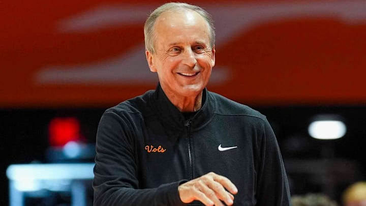 Tennessee coach Rick Barnes smiles before a NCAA basketball game between Tennessee Volunteers and North Florida Ospreys at Thompson-Boling Arena at Food City Center in Knoxville, Tenn. on Nov. 12, 2025.
