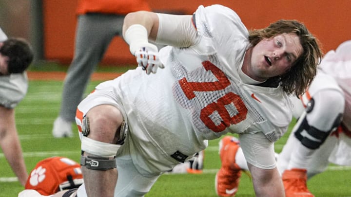 Clemson offensive lineman Blake Miller (78) warms up during the Pinstipe Bowl practice in Clemson, S.C. Monday, Dec. 15, 2025.