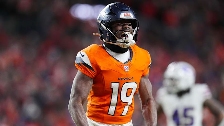 Jan 17, 2026; Denver, CO, USA; Denver Broncos wide receiver Marvin Mims Jr. (19) reacts after a play during overtime of an AFC Divisional Round playoff game against the Buffalo Bills at Empower Field at Mile High. 