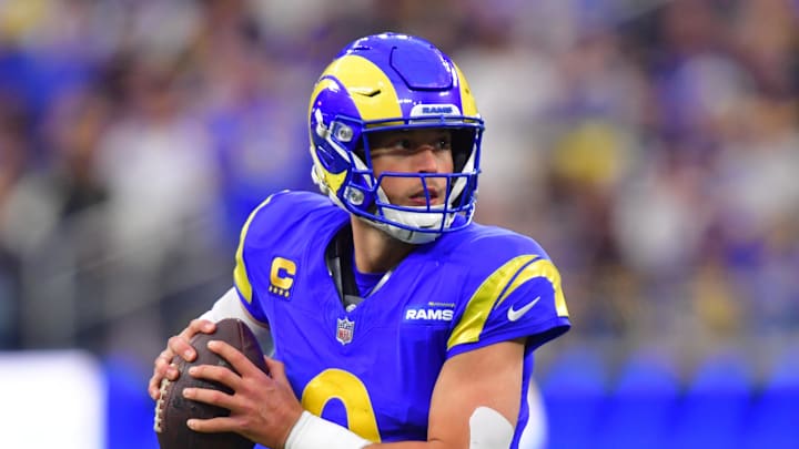 Jan 4, 2026; Inglewood, California, USA; Los Angeles Rams quarterback Matthew Stafford (9) looks downfield against the Arizona Cardinals during the second half at SoFi Stadium. Mandatory Credit: Gary A. Vasquez-Imagn Images Jan 4, 2026; Inglewood, California, USA; Los Angeles Rams quarterback Matthew Stafford (9) looks downfield against the Arizona Cardinals during the second half at SoFi Stadium. Mandatory Credit: Gary A. Vasquez-Imagn Images