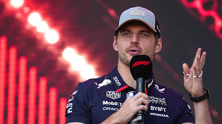 Oracle Red Bull racing driver Max Verstappen speaks to the crowd during a fan experience in the Germania Insurance Amphitheater at the Formula 1 Pirelli United States Grand Prix at Circuit of the Americas on Saturday, Oct. 19, 2024.