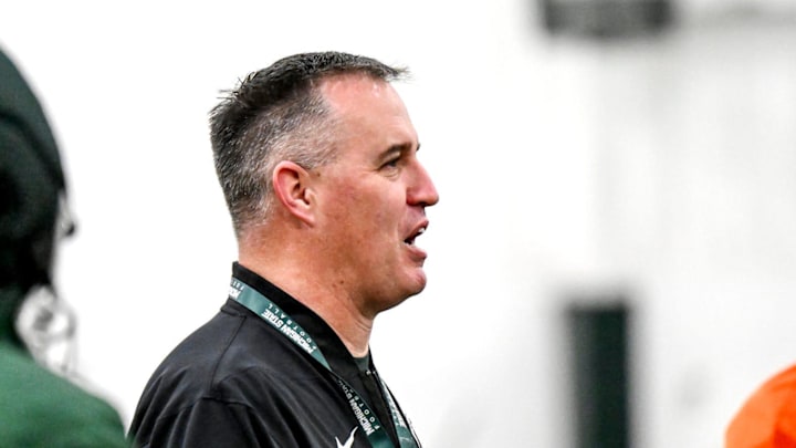 Michigan State's head coach Pat Fitzgerald instructs players during spring football practice on Tuesday, March 24, 2026, in East Lansing. Michigan State's head coach Pat Fitzgerald instructs players during spring football practice on Tuesday, March 24, 2026, in East Lansing.