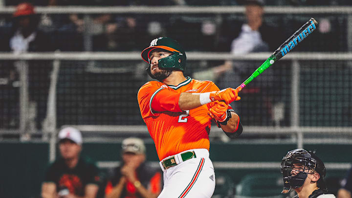 Miami Hurricanes right fielder, Derek Williams smashing a homerun against Lehigh.