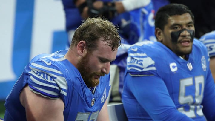 Detroit Lions center Frank Ragnow (77) on the sidelines during action against the Atlanta Falcons in 2023