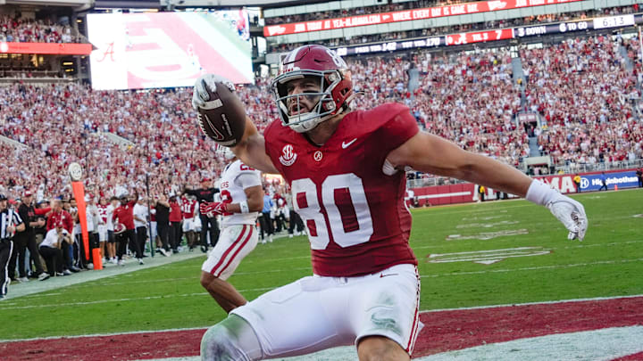 Nov 15, 2025; Tuscaloosa, Alabama, USA; Alabama tight end Josh Cuevas (80) celebrates after scoring a touchdown against Oklahoma at Saban Field at Bryant-Denny Stadium. Oklahoma defeated Alabama 23-21. Mandatory Credit: Gary Cosby Jr.-Imagn Images