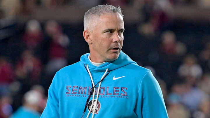 Nov 1, 2025; Tallahassee, Florida, USA; Florida State Seminoles head coach Mike Norvell walks on the field before the game against the Wake Forest Demon Deacons at Doak S. Campbell Stadium. Mandatory Credit: Melina Myers-Imagn Images