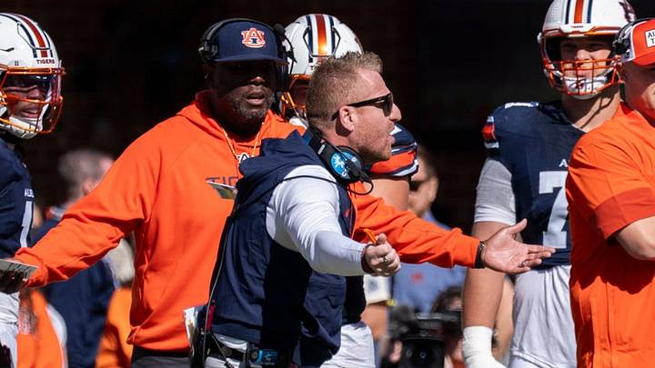 Auburn Tigers head coach Alex Golesh disputes a flag on the opening kickoff as Auburn Tigers take on LSU Tigers at Jordan-Hare Stadium in Auburn, Ala. on Saturday, Oct. 24, 2026.
