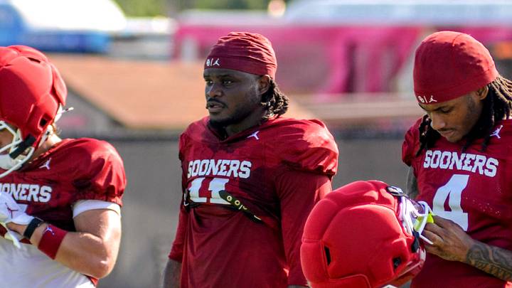 Oklahoma wide receivers Trell Harris and Daniel Odom practice during fall camp.