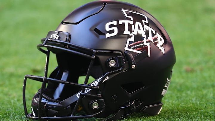 Jan 2, 2021; Glendale, AZ, USA; Detailed view of an Iowa State Cyclones helmet during the Fiesta Bowl at State Farm Stadium. Mandatory Credit: Mark J. Rebilas-Imagn Images