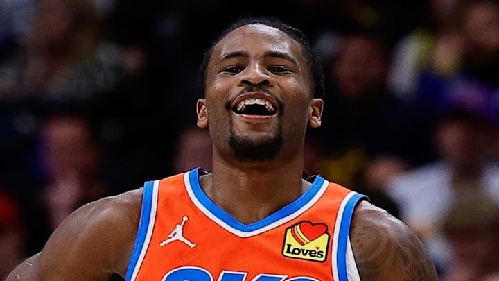 Feb 1, 2026; Denver, Colorado, USA; Oklahoma City Thunder guard Cason Wallace (22) reacts after a play in the third quarter against the Denver Nuggets at Ball Arena. Mandatory Credit: Isaiah J. Downing-Imagn Images