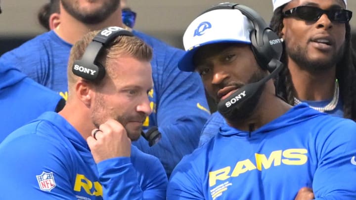 Aug 9, 2025; Inglewood, California, USA;  Los Angeles Rams head coach Sean McVay, left, talks with assistant head coach Aubrey Pleasant on the sidelines during the game against the Dallas Cowboys at SoFi Stadium. Mandatory Credit: Jayne Kamin-Oncea-Imagn Images