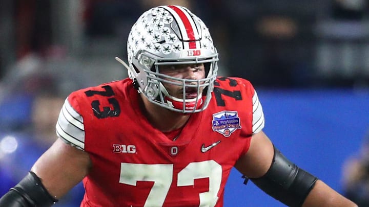 Dec 28, 2019; Glendale, AZ, USA; Ohio State Buckeyes  guard Jonah Jackson (73) during the 2019 Fiesta Bowl college football playoff semifinal game against the Clemson Tigers at State Farm Stadium. Mandatory Credit: Mark J. Rebilas-Imagn Images