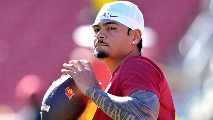 Oct 11, 2025; Los Angeles, California, USA;  USC Trojans quarterback Jayden Maiava (14) warms up prior to the game against the Michigan Wolverines at United Airlines Field at the Los Angeles Memorial Coliseum. Mandatory Credit: Jayne Kamin-Oncea-Imagn Images