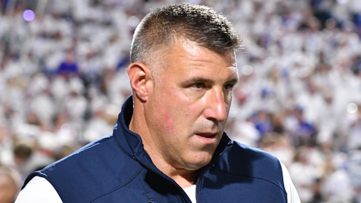 Oct 5, 2025; Orchard Park, New York, USA; New England Patriots head coach Mike Vrabel during the first half at Highmark Stadium. Mandatory Credit: Mark Konezny-Imagn Images