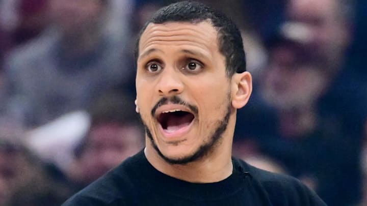 Mar 8, 2026; Cleveland, Ohio, USA; Boston Celtics head coach Joe Mazzulla reacts during the first quarter against the Cleveland Cavaliers at Rocket Arena. Mandatory Credit: Ken Blaze-Imagn Images