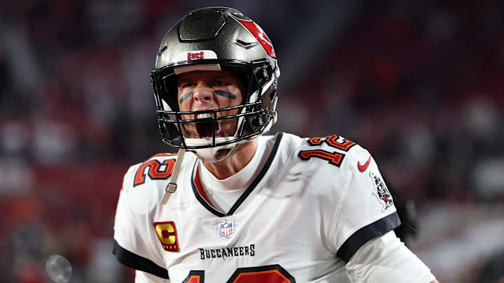 Jan 16, 2023; Tampa, Florida, USA; Tampa Bay Buccaneers quarterback Tom Brady (12) reacts before the wild card game against the Dallas Cowboys at Raymond James Stadium. Mandatory Credit: Nathan Ray Seebeck-Imagn Images