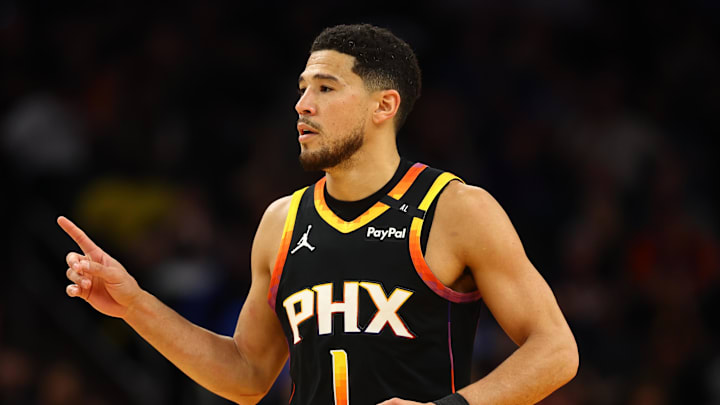 Apr 9, 2025; Phoenix, Arizona, USA; Phoenix Suns guard Devin Booker (1) reacts after a play against the Oklahoma City Thunder during the first half at Footprint Center. Mandatory Credit: Mark J. Rebilas-Imagn Images Apr 9, 2025; Phoenix, Arizona, USA; Phoenix Suns guard Devin Booker (1) reacts after a play against the Oklahoma City Thunder during the first half at Footprint Center. Mandatory Credit: Mark J. Rebilas-Imagn Images
