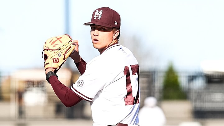 Mississippi State pitcher Parker Rhodes winds up for a pitch during a 17-1 win against Jackson State.