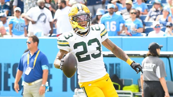 Sep 22, 2024; Nashville, Tennessee, USA; Green Bay Packers cornerback Jaire Alexander (23) scores on a pick six thrown by Tennessee Titans Will Levis (8) during the first half at Nissan Stadium. Mandatory Credit: Steve Roberts-Imagn Images Sep 22, 2024; Nashville, Tennessee, USA; Green Bay Packers cornerback Jaire Alexander (23) scores on a pick six thrown by Tennessee Titans Will Levis (8) during the first half at Nissan Stadium. Mandatory Credit: Steve Roberts-Imagn Images