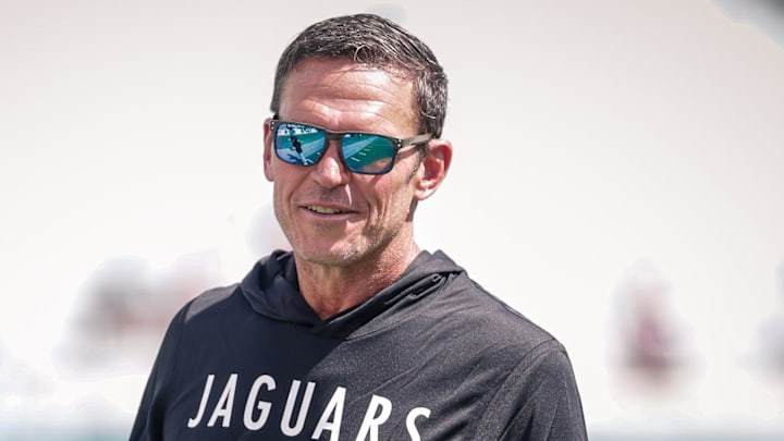 Sep 21, 2025; Jacksonville, Florida, USA; Jacksonville Jaguars executive vice president of football operations Tony Boselli on the field during pregame against the Houston Texans at EverBank Stadium. Mandatory Credit: Travis Register-Imagn Images