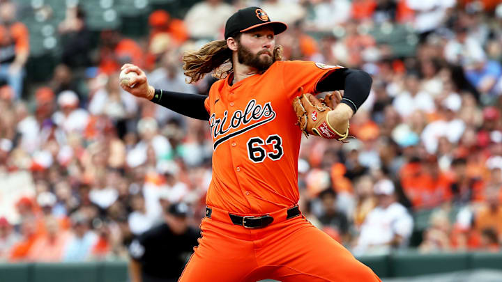 Apr 19, 2025; Baltimore, Maryland, USA; Baltimore Orioles pitcher Brandon Young (63) throws the ball during the second inning against the Cincinnati Reds at Oriole Park at Camden Yards. Apr 19, 2025; Baltimore, Maryland, USA; Baltimore Orioles pitcher Brandon Young (63) throws the ball during the second inning against the Cincinnati Reds at Oriole Park at Camden Yards.